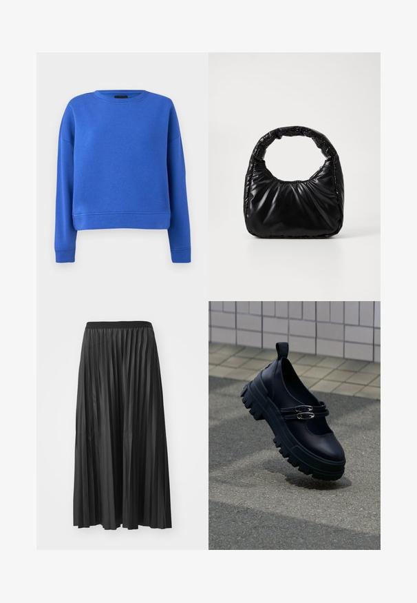Sinine sweatshird, ümmarguse kaelusega, pikkade varrukatega ja lühendatud lõikega. Valmistatud pehmest ja siledast puuvillasegistuse kangast. Ilma mustrite ja aktsentideta.; Mustmustri pleated maxi seelik, millel on sile tekstuur ja elastne vöökoht, vertikaalsete voldikutega, mis loovad mahu ja liikumise.; Mustad robustsed Mary Jane stiilis kingad kahekordsete hõbedaste pannaldega tekstuurse sillutise peal, plaatidega kaetud seina lähedal.; Must mustaga, millel on ümar käepide, särav ja sile pind ning pehme quiltitud tekstuur. Nähtavaid metallosi ega aktsente ei ole.