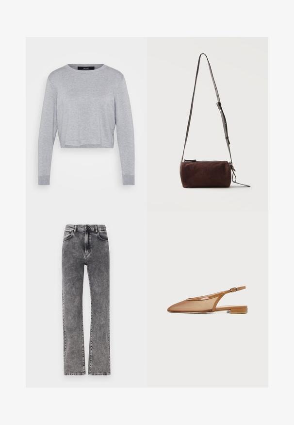Lys grå cropped sweater med rund hals, lange ærmer, ribbede manchetter og en blød, tekstureret finish.; Grå denim højtaljede jeans med lige ben design, der har subtil whiskering og standard fem-lomme stil.; Brun flad slingback sko med spids tå, mesh overdel, lakdetaljer og lille blokhæl, vist i sideprofil.; Mørkebrun ruskind cylindrisk crossbody taske med justerbar tynd læderrem og top lynlås lukning.