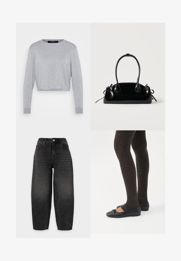 Lys grå cropped sweater med rund hals, lange ærmer, ribbede manchetter og en blød, tekstureret finish.; Sort, løstsiddende jeans med høj talje, knaplukning, for- og baglommer samt let falmet stof. Ingen synlig branding.; Ben iført mørke ribbede leggings kombineret med sorte balletsko med små sløjfedetaljer på hvid baggrund.; Lille sort blank håndtaske med to lange håndtag og snøre-detaljer i siden på en ensfarvet lys baggrund.