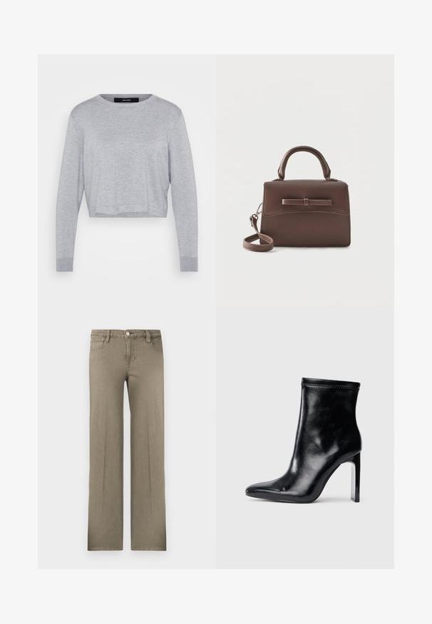 Lys grå cropped sweater med rund hals, lange ærmer, ribbede manchetter og en blød, tekstureret finish.; Bukser med vide ben i olivengrøn, lavet af denim. Har et klassisk design med fem lommer, knaplukning og subtil tekstur.; Sorte læder ankelstøvle med spidse tæer og høj klar hæl. Glat tekstur og minimal syning på overmaterialet.; Lille brun læderhåndtaske med top-håndtag, aftagelig skulderrem og frontklap med en horisontal læderstroppedetalje.