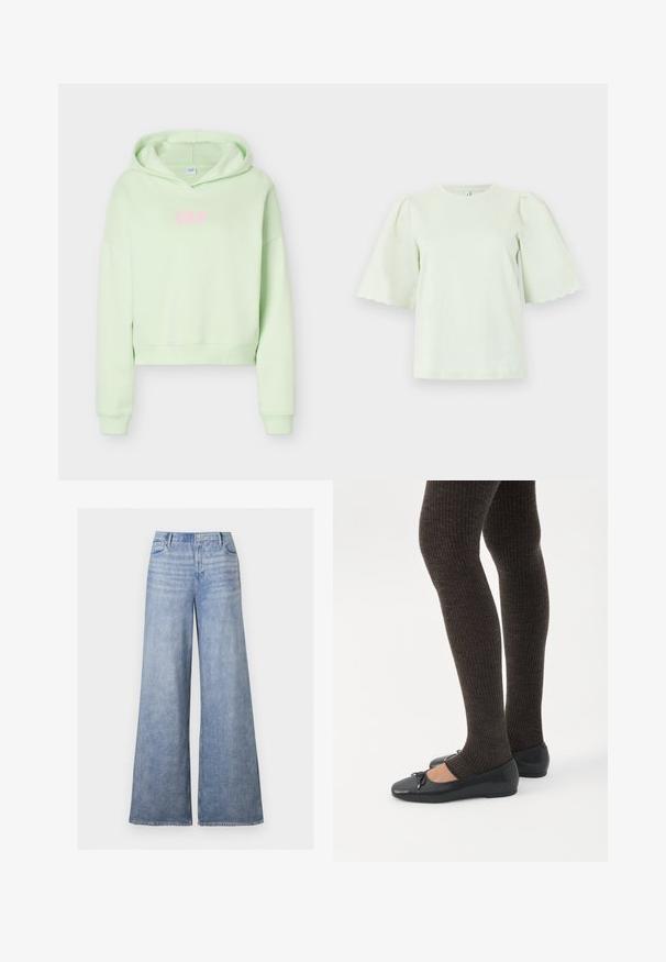 Sweat à capuche court vert clair avec manches longues et capuche, avec le mot « GAP » en lettres roses au centre devant.; Blouse courte à manches courtes vert pastel avec larges manches festonnées et encolure ronde sur un fond uni.; Jean large en denim bleu clair avec taille haute, bouton avant et design cinq poches, présenté sur un fond uni.; Jambes portant des leggings côtelés foncés associés à des ballerines noires avec de petits détails en nœud sur fond blanc.