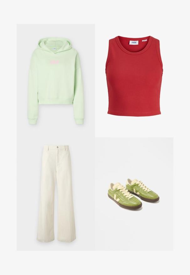Sweat à capuche court vert clair avec manches longues et capuche, avec le mot « GAP » en lettres roses au centre devant.; Haut court rouge à côtes sans manches avec un décolleté rond et un ourlet surpiqué. Présente une étiquette à l'intérieur du col. Tissu doux et texturé.; Pantalon large blanc cassé avec passants pour ceinture, fermeture frontale à boutons et détails visibles des coutures avant, présenté sur un fond neutre.; Paire de baskets basses vert clair avec lacets crème, languette talonnière beige et semelles marron foncé sur fond blanc.