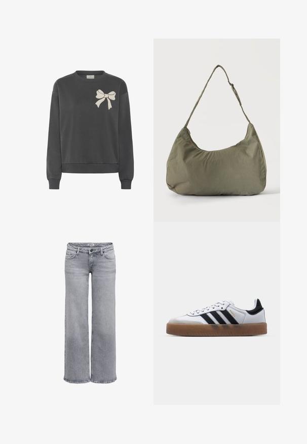 Mørkegrå sweatshirt lavet af en bomuldsblanding med rund hals og broderet lysebeige sløjfe på venstre bryst. Har rib-strikkede ærmer og kant.; Lysegrå jeans med vide ben lavet af denim. Har en standard taljebånd med bæltestropper, fem lommer og subtile falmede detaljer.; Hvide lædersneakers med sorte striber, gummirubber sål, rund tå, snørelukning og blød grå ruskinds tåhætte.; Skuldertaske i blødt olivengrønt stof med lynlås og justerbar rem på ensfarvet, lyst baggrund.