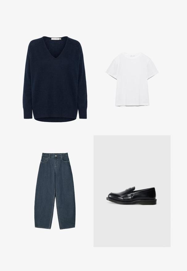Marineblauer, langärmeliger V-Ausschnitt-Pullover aus Strick mit gerippten Bündchen und Saum, hinten etwas länger.; Unifarbenes weißes T-Shirt mit kurzen Ärmeln und Rundhalsausschnitt, gerader Saum, dargestellt auf weißem Hintergrund.; Dunkelblaue Denim-Hosenträger mit weitem Bein und hoher Taille, ausgestattet mit fünf Taschen und sichtbaren Nähdetails. Sauberes, minimalistisches Design.; Schwarze Lederloafer mit glatter Oberfläche, abgerundeter Zehenpartie und gestickten Details auf dem Obermaterial, sowie einer strukturierten Gummisohle für besten Halt.