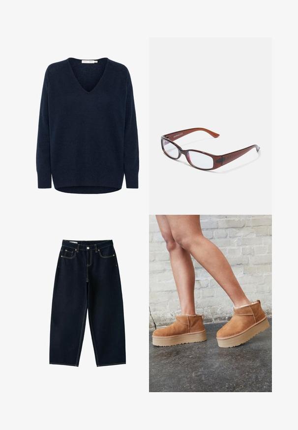 Marineblauer, langärmeliger V-Ausschnitt-Pullover aus Strick mit gerippten Bündchen und Saum, hinten etwas länger.; Dunkelblaue Jeans mit weitem Bein, hoher Taille, vorderem Knopf, Reißverschluss und fünf Taschen mit sichtbaren Nähten.; Braune Wildleder-Stiefeletten mit einem weichen Futter, dicker beige Plateau-Sohle und einer Zuglasche auf der Rückseite. Strukturiert Oberfläche mit sichtbaren Nähdetails.; Braun getönte rechteckige Brille mit glänzender Oberfläche, schlanken Bügeln und transparenten Gläsern. Logo auf dem linken Bügel sichtbar.