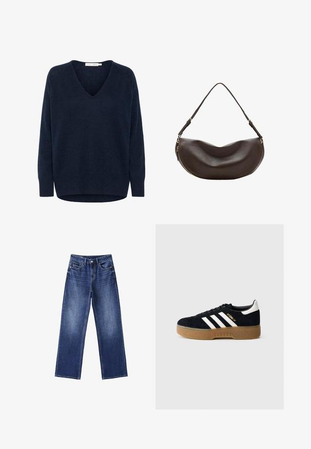 Marineblauer, langärmeliger V-Ausschnitt-Pullover aus Strick mit gerippten Bündchen und Saum, hinten etwas länger.; Blaue Denim-Jeans mit weitem Bein, vorderer Knopfleiste und Reißverschluss, Gürtelschlaufen und fünf Taschen auf weißem Hintergrund.; Schwarzer Wildledersneaker mit weißen drei Streifen und goldfarbenem Logo. Gummisohle mit strukturiertem Grip. Klassisches Low-Top-Design, abgerundete Zehenkappe.; Dunkelbraune Leder-Schultertasche mit geschwungener Form, verstellbarem Riemen und goldenem Reißverschluss entlang des unteren Randes.