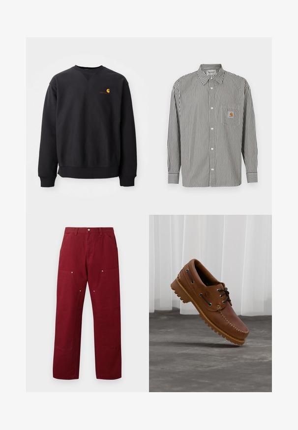 Sweatshirt noir avec un col rond, des manches longues et des poignets côtelés. Présente un logo jaune et rouge sur la poitrine gauche. Matière en coton doux.; Chemise à manches longues à rayures verticales noires et blanches avec un col boutonné. Elle possède une poche poitrine avec un patch logo beige.; Pantalon en coton bordeaux avec une coupe droite, doté de deux poches avant, de quincaillerie en métal argenté et d'accents au niveau des genoux. Texture lisse, poids moyen.; Chaussure de bateau en cuir marron avec des lacets noirs, des coutures beiges et une semelle robuste, suspendue au-dessus d'un sol en béton gris.