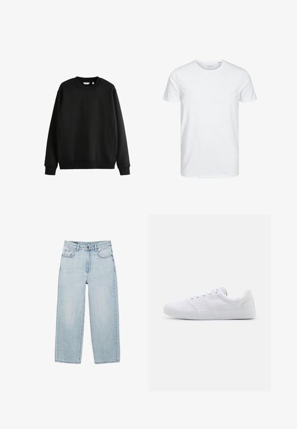 Sort sweatshirt lavet af glat stof med rund hals og ribbede manchetter. Har en lige hæm og et minimalistisk design.; Rundhals kortærmet t-shirt i ensfarvet hvid, lavet af blød bomuld, har et simpelt design uden synlige mønstre eller detaljer.; Lyseblå højhånds straight-leg denimjeans med forreste knap, lynlås, bæltestropper og fem-lomme-design på hvid baggrund.; Hvide lærreds sneakers med gummisål, der har seks snørehuller, en struktureret tåkap og et minimalistisk design.