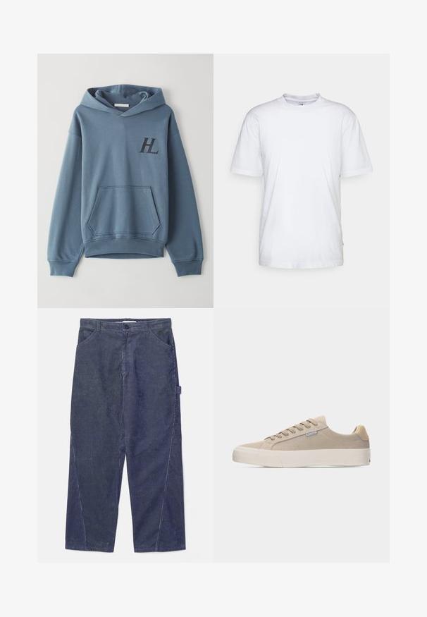 Haut en coton bleu avec une poche avant, des poignets côtelés et une capuche avec cordon. Présente un logo "HL" noir sur la poitrine. Texture douce.; T-shirt en coton blanc avec un col rond, des manches courtes et un ourlet droit. Présente une petite étiquette de marque sur la couture latérale gauche.; WOOD WOOD WWWILSON TWISTED SEAM TROUSERS - Pantalon classique - envy green; Baskets basses en suède beige avec lacets ton sur ton, semelle épaisse en caoutchouc blanc et petite étiquette de marque sur le panneau latéral.