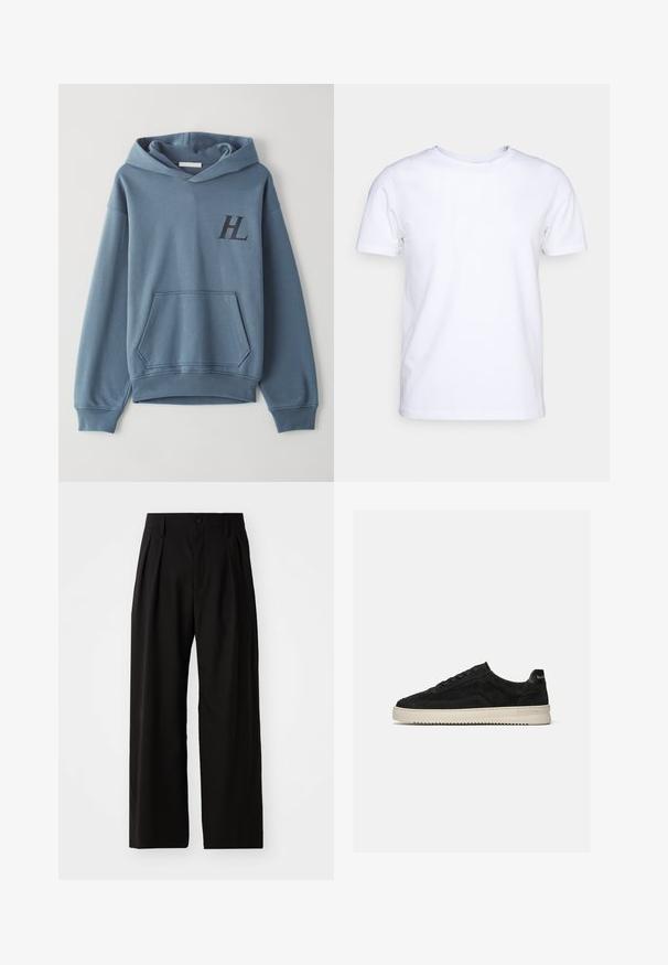 Haut en coton bleu avec une poche avant, des poignets côtelés et une capuche avec cordon. Présente un logo "HL" noir sur la poitrine. Texture douce.; T-shirt blanc à manches courtes en tissu de coton avec un col rond. Design simple sans motifs ni accents. Texture lisse.; Pantalons larges noirs avec une texture lisse, dotés de deux plis avant, d'une fermeture à bouton et de poches latérales. Tissu durable.; Baskets basses en daim noir avec lacets noirs et semelle blanche en caoutchouc, vue latérale sur fond gris clair uni.