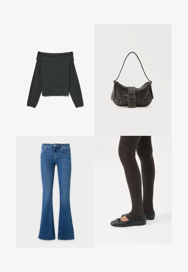 Σκούρο γκρίζο πουλόβερ off-the-shoulder με μακριά μανίκια, ριμπ λαιμόκοψη και υφασμάτινη υφή. Κουρεμένο σχέδιο.; Μπλε τζιν παντελόνι από denim με φαρδύ πόδι, κλείσιμο με κουμπί και φερμουάρ μπροστά, καθώς και μπροστινές και πίσω τσέπες σε απλό φόντο.; Πόδια με σκουρόχρωμα ριμπ κολάν συνδυασμένα με μαύρα μπαλαρίνα παπούτσια με μικρές λεπτομέρειες φιόγκων σε λευκό φόντο.; Μαύρη δερμάτινη τσάντα ώμου με λεπτομέρεια ιμάντα με πόρπη, καμπυλωτές άκρες και αντίθετη λευκή ραφή σε απλό φόντο.