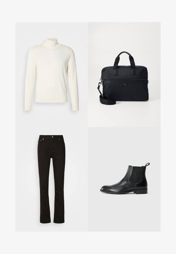 Lys cremefarvet turtleneck sweater lavet af blødt stof, med lange ærmer og en tætsiddende silhuet, uden synlige mønstre eller udsmykninger.; Sorte denimjeans med lige ben-design, der har frontlommer, lynlåsgylpter og sølvfarvede hardware-detaljer. Glat tekstur, ingen mønstre.; Sorte læder ankelstøvler med elastiske sidepaneler, rund tå og en trækloft. Glat tekstur, flad sål, minimalistisk design.; Sort nylon laptop taske med to håndtag, en aftagelig rem, en lynlås lomme og diskret branding. Tekstureret overflade med et elegant design.