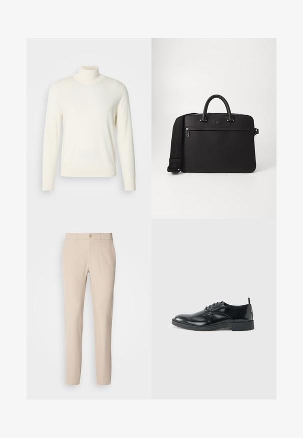 Lys cremefarvet turtleneck sweater lavet af blødt stof, med lange ærmer og en tætsiddende silhuet, uden synlige mønstre eller udsmykninger.; Beige bukser lavet af blødt stof, med knaplukning, lige snit og sidelommer. Glat tekstur med minimale syninger.; Blank sort læder dresssko med lav hæl, snørelukning og rund tå, vist fra siden på ensfarvet lys baggrund.; Sort lædertaske med glat overflade, dobbelte top-håndtag og en aftagelig skulderrem. Har en lynlåslomme foran og logo-detalje.