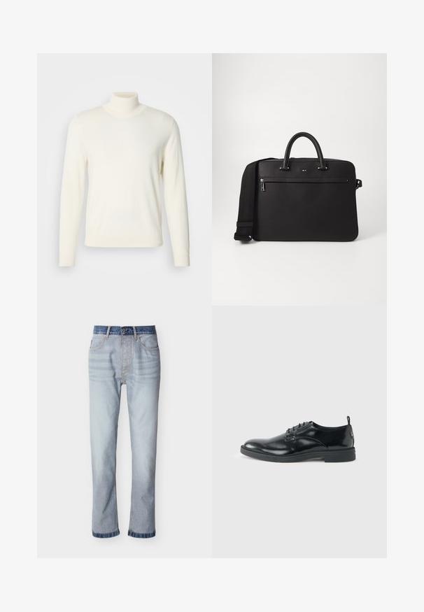 Lys cremefarvet turtleneck sweater lavet af blødt stof, med lange ærmer og en tætsiddende silhuet, uden synlige mønstre eller udsmykninger.; Lyseblå denimjeans med mørkeblå linning, design med lige ben, fem lommer og synlige syningsdetaljer.; Blank sort læder dresssko med lav hæl, snørelukning og rund tå, vist fra siden på ensfarvet lys baggrund.; Sort lædertaske med glat overflade, dobbelte top-håndtag og en aftagelig skulderrem. Har en lynlåslomme foran og logo-detalje.