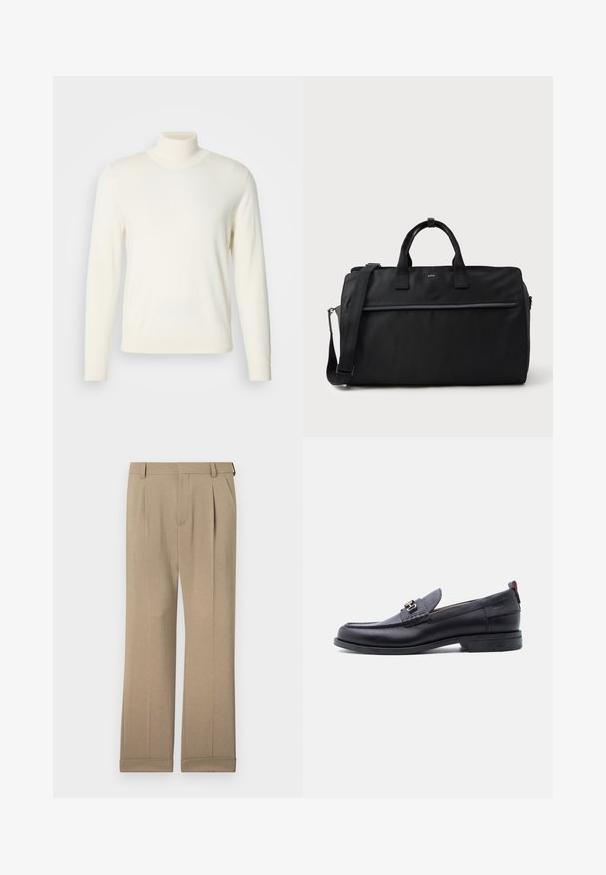 Lys cremefarvet turtleneck sweater lavet af blødt stof, med lange ærmer og en tætsiddende silhuet, uden synlige mønstre eller udsmykninger.; Beige bukser lavet af letvægtigt stof, med et lige ben-design, dobbelte folder og opfoldede kanter for en afslappet pasform.; Sort lædermokasin med grå tekstureret forfod, sølvfarvet metalspænde, lav hæl og trækflap bagpå.; Sort rektangulær rejsetaske med dobbelte håndtag, justerbar skulderrem, frontlomme med lynlås og lille "BOSS" logo foran.