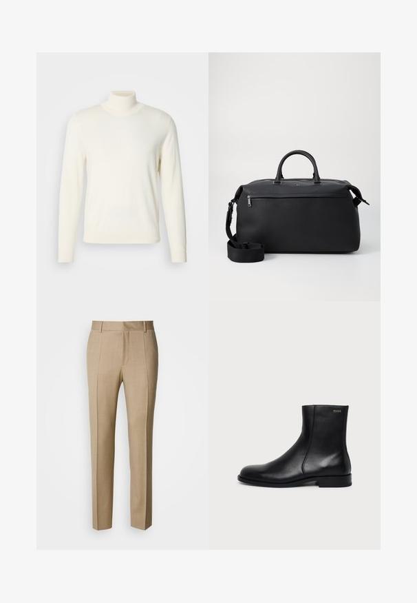 Lys cremefarvet turtleneck sweater lavet af blødt stof, med lange ærmer og en tætsiddende silhuet, uden synlige mønstre eller udsmykninger.; Beige skræddersyede bukser i tekstureret stof med flad front og lige ben. Har sidelommer og bæltestropper, der giver et poleret udtryk.; Sort læderankelstøvle med lav hæl, sidelås og lille "HUGO"-logo nær toppen på en ensfarvet lys baggrund.; Sort læder duffel taske med to top hanke, en aftagelig skulderrem og en lynlåslomme foran til ekstra opbevaring.