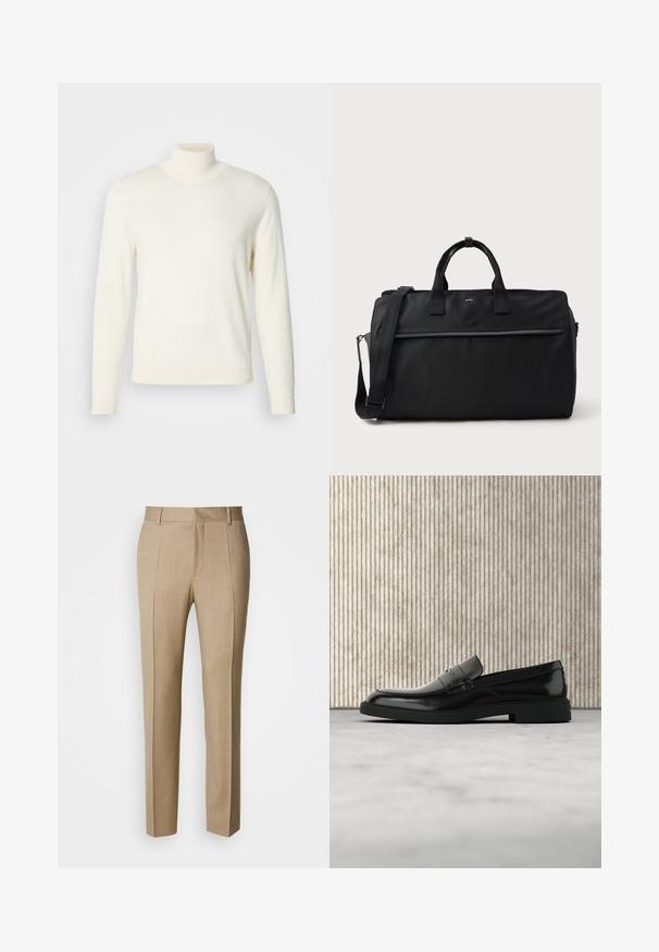 Lys cremefarvet turtleneck sweater lavet af blødt stof, med lange ærmer og en tætsiddende silhuet, uden synlige mønstre eller udsmykninger.; Beige skræddersyede bukser i tekstureret stof med flad front og lige ben. Har sidelommer og bæltestropper, der giver et poleret udtryk.; Sort poleret læderloafer flydende over beige tæppe med orange gennemsigtigt møbel i baggrunden.; Sort rektangulær rejsetaske med dobbelte håndtag, justerbar skulderrem, frontlomme med lynlås og lille "BOSS" logo foran.