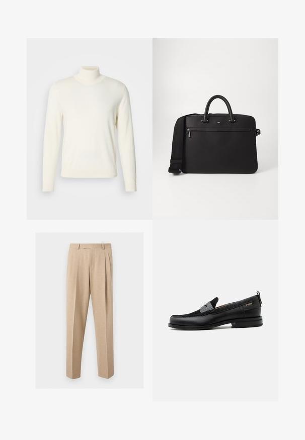 Lys cremefarvet turtleneck sweater lavet af blødt stof, med lange ærmer og en tætsiddende silhuet, uden synlige mønstre eller udsmykninger.; Beige skræddersyede bukser med frontplisser, bæltestropper og lige ben, vist mod en ensartet lys baggrund.; Sort læderloafer med grå remdetalje, lav hæl og tekstureret sål, mærket med "HUGO" i guld på siden.; Sort lædertaske med glat overflade, dobbelte top-håndtag og en aftagelig skulderrem. Har en lynlåslomme foran og logo-detalje.