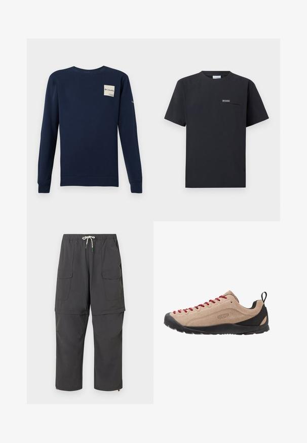 Navyblauwe sweatshirt met lange mouwen, gemaakt van katoen; beschikt over een rechthoekige logopatch op de borst en ribgebreide manchetten aan de mouwen en onderrand.; Zwart Columbia T-shirt met korte mouwen, borstzakje met rits en klein logo, weergegeven op een witte achtergrond.; Donkergrijze cargobroek met afneembare benen tot een korte broek, voorzien van een trekkoord in de taille en klepzakken.; Beige suède lage schoenen met rode veters, een zwarte rubberen zool en mesh accenten bij de hak voor ademend vermogen en comfort.