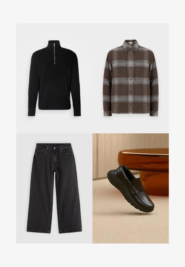 Lindbergh HALF ZIP RIB KNIT - Džemper - black; Pruun ja hall ruuduline fliissärk, millel on nööpidega eesmine osa, pikad varrukad ja pehme tekstuur. Särgil on väike logotempel allääres.; Mustad laia säärega teksapüksid esi taskute, vööaasade ja nööpidega kinnitusega, esitatud ühevärvilisel heledal taustal.; Mustast nahast loafers paksu tallaga, kuvatud beeži vaiba kohal ja lähedal ümmargusele merevaiguvärvilisele laua jalale.