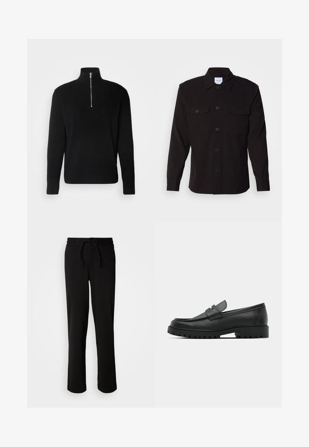 Lindbergh HALF ZIP RIB KNIT - Strickpullover - black; Schwarze Langarmbluse mit durchgehender Knopfleiste, zwei Brusttaschen und einem strukturierten Kragen. Hergestellt aus einem strapazierfähigen Stoff mit einer glatten Textur.; Schwarze Jogginghosen mit einem Kordelzugbund, hergestellt aus weichem, elastischem Material. Sie haben einen lockeren Schnitt mit geraden Beinen und keine sichtbaren Taschen.; Schwarze Lederloafer mit runder Zehenform, ausgestattet mit einem gesteppten Design, niedrigem Plattformsohle und einer strukturierten, genoppten Gummisohle.