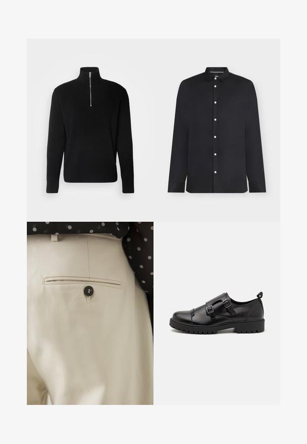 Lindbergh HALF ZIP RIB KNIT - Trui - black; Zwarte lange mouwen blouse met witte knopen en een klein geborduurd logo op de linkerborst, weergegeven op een witte achtergrond.; Beige broek met een gestructureerde stof en een achterzak, gesloten met een zwarte knoop. Subtiele stikselaccenten langs de zak.; Pier One Zakelijke loafers - black
