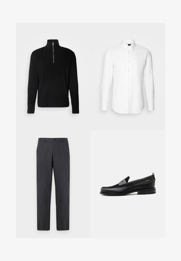 Lindbergh HALF ZIP RIB KNIT - Svetrík - black; Biela košeľa s dlhým rukávom, zapínanie na gombíky, klasický golier, vyrobená z hladkej látky s jemnou textúrou, navrhnutá pre priliehavý vzhľad.; Tmavošedé nohavice s rovnými nohavicami vyrobené z ľahkej tkaniny. Majú gombíkový uzáver a rovný predný diel bez viditeľných vreciek. Hladká textura.; Čierny kožený mokasín so sivým remienkom, nízkym podpätkom a textúrovanou podrážkou, so značkou "HUGO" v zlatej farbe na boku.