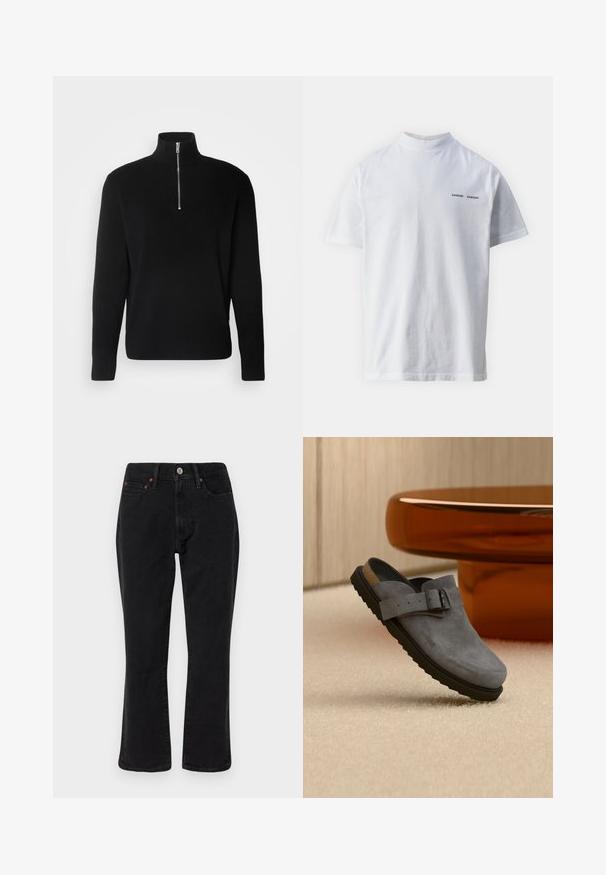 Lindbergh HALF ZIP RIB KNIT - Svetrík - black; Biely bavlnený tričko s vysokým výstrihom a krátkymi rukávmi. Na prednej strane sa nachádza logo "SAMSØE SAMSØE" v čiernej farbe. Hladká textúra.; Čierne denimové džínsy s pravým strihom, päť vrecúškovým štýlom a kovovými detailmi s medenými akcentmi. Hladká textúra a stredný pas.; Sivý semišový nazúvač s čiernou podrážkou a nastaviteľným prackovým remienkom, ležiaci na béžovom koberci blízko zaoblenej hnedej nohy stola.