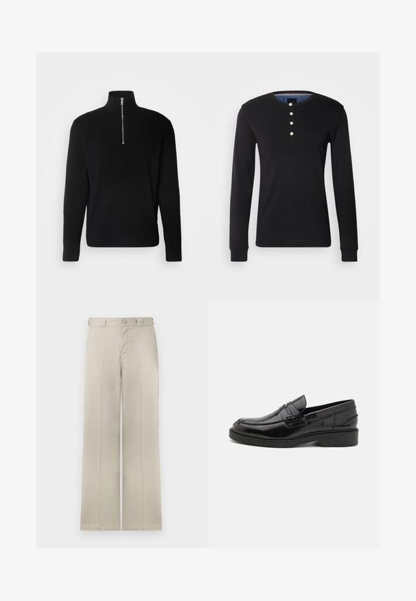 Lindbergh HALF ZIP RIB KNIT - Trui - black; Zwarte lange mouwen shirt van zachte stof, met een ronde halslijn, knopenlijst met witte knopen en aansluitende manchetten.; Beige pantalons met hoge taille en rechte pijpen, voorzien van knopen aan de voorkant en riemlussen, tentoongesteld tegen een effen achtergrond.; Zwarte leren instappers met een gladde afwerking, ronde neus, lage hak en decoratieve stiksels aan de voorkant. Rubberen buitenzool voor grip.