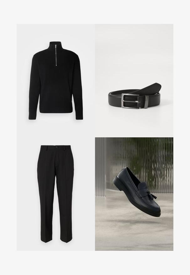 Lindbergh HALF ZIP RIB KNIT - Trui - black; Zwarte broeken van soepele stof, met een rechte pijpconstructie, vo pockets, een enkele knoopsluiting en geen zichtbare patronen.; Zwarte leren loafers met een gladde textuur, een afgeronde neus en decoratieve kwastjes aan de voorkant. Flexibele rubberen zool met lage hak.; Zwarte leren riem met een zilveren metalen gesp, met een gladde afwerking en een klassiek ontwerp. De riem is netjes opgevouwen.