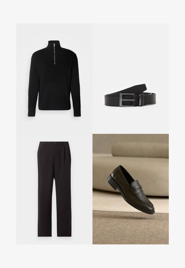 Lindbergh HALF ZIP RIB KNIT - Πουλόβερ - black; Μαύρο ψηλόμεσο παντελόνι με πιέτες, κλείσιμο με κουμπί, θηλιές για ζώνη και ίσια μπατζάκια σε απλό ανοιχτό φόντο.; Μαύρο δερμάτινο παπούτσι μοκασίνι που ξεκουράζεται σε μπεζ χαλί με καμπυλωτό μπεζ καναπέ στο φόντο.; Μαύρη δερμάτινη ζώνη με ορθογώνιο ασημένιο μεταλλικό κούμπωμα, επίπεδο σχέδιο και ομαλή υφή. Τα άκρα της στενεύουν για εύκολη διέλευση.