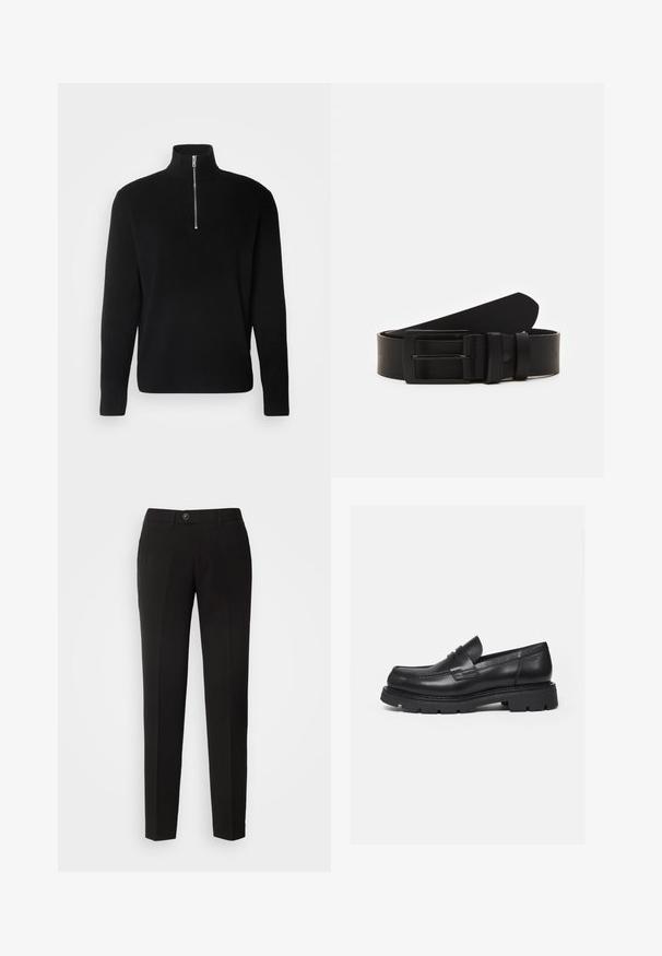 Lindbergh HALF ZIP RIB KNIT - Svetrík - black; Čierne nohavice s rovnými nohavicami vyrobené z hladkej tkaniny, s gombíkovým zapínaním a bočnými vreckami v klasickom dizajne.; Čierny kožený mokasín s hrubou rebrovanou podrážkou a detailom popruhu na mincu, zobrazený pravý bočný profil na bielom pozadí.; Čierny kožený opasok zvinutý s matným čiernym obdĺžnikovým kovovým prackou a s dvoma pútkami na bielom pozadí.