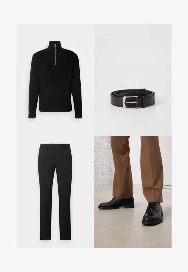 Lindbergh HALF ZIP RIB KNIT - Striktrøje - black; Sorte skræddersyede bukser med lige ben, som har knaplukning og bæltestropper. Fremstillet i glat stof uden synlige mønstre.; Sorte læder sko med glat overflade og rund tå, der har snørebåndslukning og en lav, flad sål. Sammen med brune bukser.; Sort læderbælte med en glat overflade, der har en rektangulær sølvmetal spænde og et klassisk design.