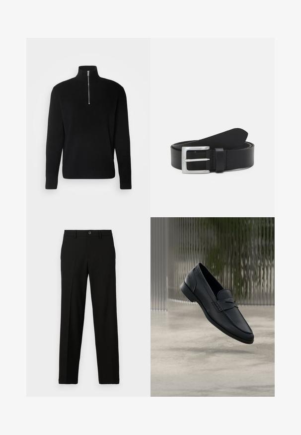 Lindbergh HALF ZIP RIB KNIT - Strickpullover - black; Schwarze Hose aus glattem Stoff, mit geradem Schnitt, einem Knopfverschluss an der Taille und ohne sichtbare Muster oder Akzente.; Schwarzer Lederloafer mit glatter Oberfläche, spitzer Zehenpartie und gestickten Details über dem Spann. Niedriger Absatz und minimalistisches Design.; Schwarzer Leder Gürtel mit glatter Textur, silberner rechteckiger Schnalle und einer Schlaufe für das Ende. Verfügt über eine saubere Naht entlang der Kanten.