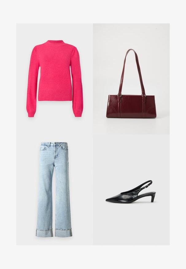 Pull long rose vif à manches longues avec un col montant, des épaules légèrement bouffantes et des poignets et un ourlet côtelés.; Jeans en denim bleu clair avec des jambes larges, des ourlets effilochés et des détails décoratifs en rhinestones aux poignets. Design standard à cinq poches.; Escarpin à bride arrière en cuir noir avec un bout pointu, un petit talon et une sangle à boucle réglable. Texture lisse avec un minimalisme dans les détails.; Sac à main bordeaux en matériau brillant, de forme rectangulaire, avec deux anses et des accents légèrement courbés à l'avant.