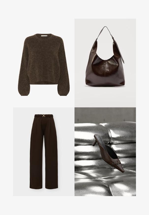 Pull en tricot marron avec une coupe décontractée, encolure ronde, longues manches bouffantes et tissu doux et texturé. Longueur cropped.; Pantalon large taille haute marron foncé avec une ceinture assortie présentant une boucle double anneaux dorée.; Mule à talon brun à bout pointu avec détail boucle flottant au-dessus d'une surface en cuir argenté capitonnée brillante.; Sac à bandoulière en cuir marron foncé brillant avec une seule large sangle et un détail de boucle sur un côté, posé sur un fond clair uni.
