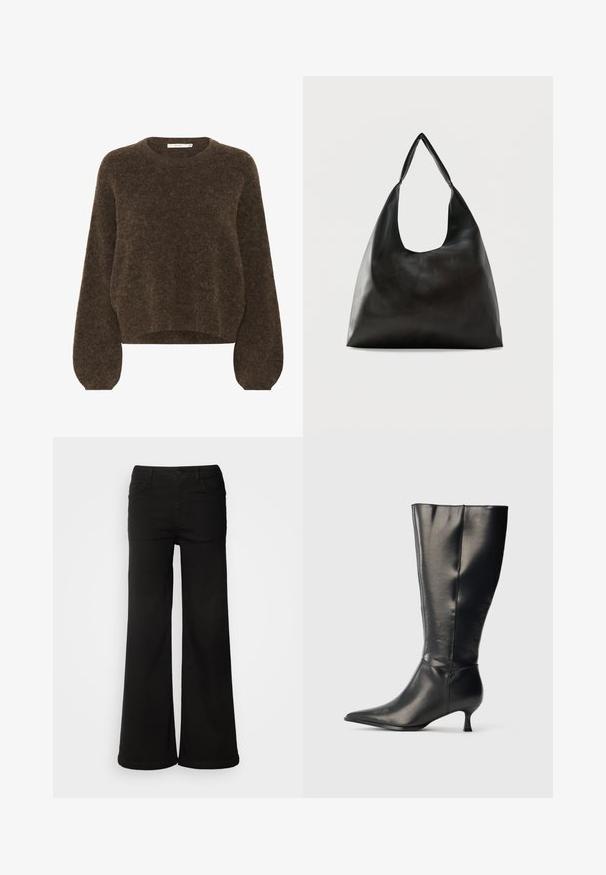 Pull en tricot marron avec une coupe décontractée, encolure ronde, longues manches bouffantes et tissu doux et texturé. Longueur cropped.; Pantalons larges noirs en denim, avec des poches avant, une fermeture à bouton et une texture lisse avec une finition soignée.; Botte en cuir noire montant jusqu'au genou, avec un bout pointu et un petit talon bas, présentée sur un fond clair uni.; Sac bandoulière en cuir noir lisse avec une large sangle unique et un design décontracté et minimaliste sur un fond uni.