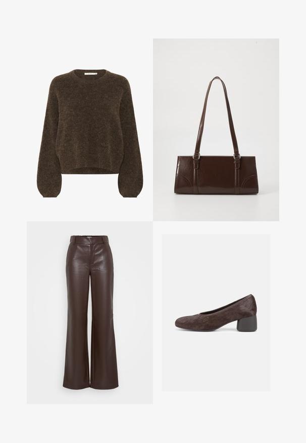Pull en tricot marron avec une coupe décontractée, encolure ronde, longues manches bouffantes et tissu doux et texturé. Longueur cropped.; ONLY Tall ONLSMOOTH WIDE - Pantalon classique - seal brown; Chaussure femme marron à talon bas, bout arrondi et dessus texturé, avec un talon bloc et un design sans lacets.; Sac à main en cuir verni marron de forme rectangulaire, avec deux longues poignées et des accents courbés subtils à l'avant.