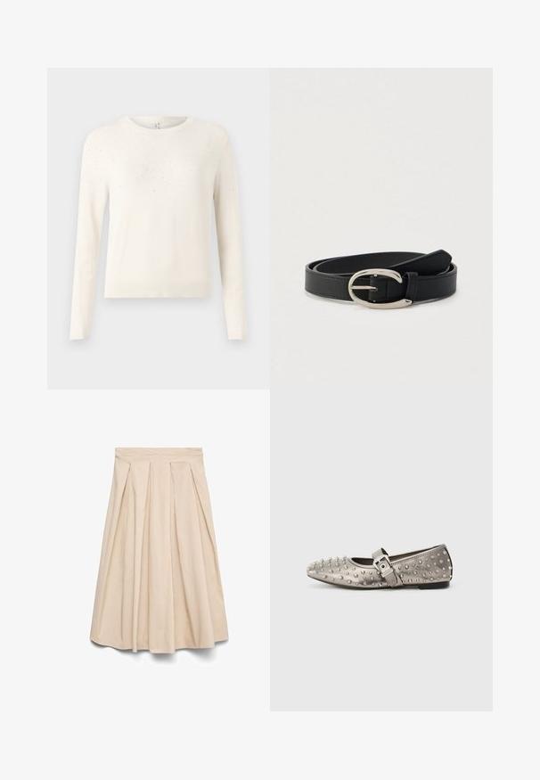 Cremefarvet strikket sweater med lange ærmer, rund hals og et struktureret mønster af små, lysreflekterende accenter på skuldrene.; Beige midi nederdel med høj talje og forreste plisseringer, vid silhuet og glat stof.; Grå fladsko med rund tå, prydet med metalliske nitter og en sidesnor med en sølvspænde detalje. Glat tekstur.; Sort læderbælte med sølvfarvet ovalt spænde, rullet sammen på en lysegrå baggrund.