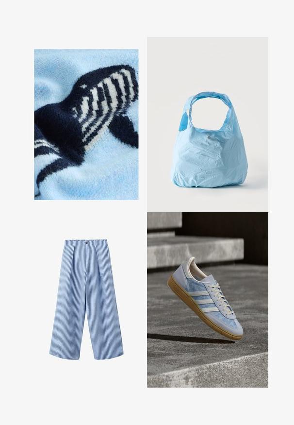 Suéter de punto azul claro con un diseño de ballena en azul oscuro y blanco. Textura suave con un patrón de tejido destacado.; Pantalones de pierna ancha con rayas verticales azul y blanco, con cierre de botón y pinzas en la cintura.; Zapatilla deportiva azul claro con patrón floral, rayas blancas y detalles de ante gris texturizado. Suela de goma color natural. Cordones en beige cremoso.; Bolsa de compra reutilizable de color azul claro con asas anchas, tela ligeramente arrugada, de pie sobre un fondo blanco liso.