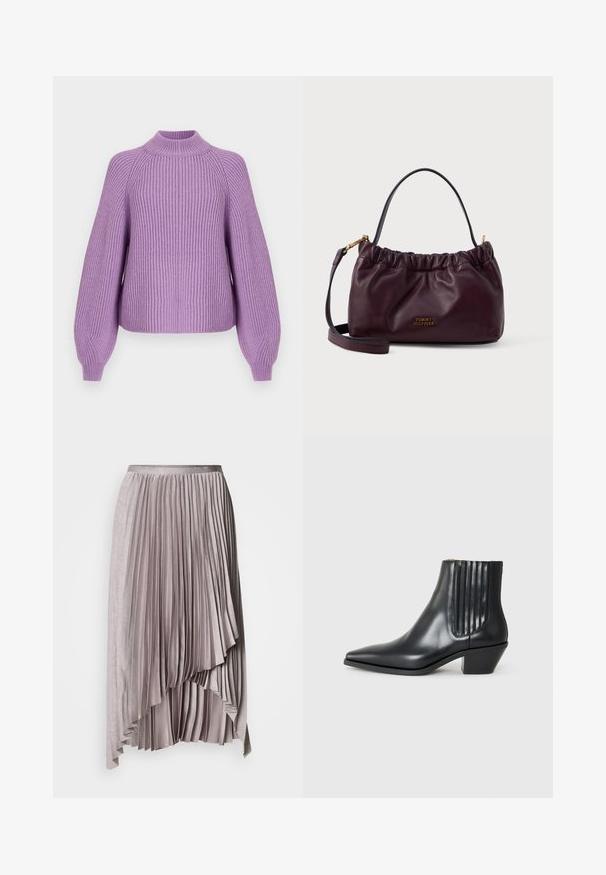 Lavendel ribbet striktrøje med høj hals, brede ærmer og en afslappet pasform. Den teksturerede stof giver visuel interesse og varme.; Lys mauve asymmetrisk plisseret nederdel med satinlinning og lagdelt, faldende kantdetalje mod en ensfarvet baggrund.; Sorte læder ankelstøvle med spids tå, elastiske sidepaneler med lodrette riller og en lav blokhæl. Glat tekstur og slankt design.; Bordeaux læder håndtaske med samlet design, guldhardware detaljer og en aftagelig rem; har et logo på forsiden.