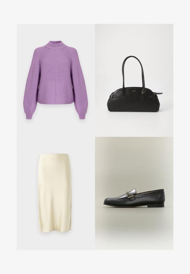 Lavender geribbelde trui met hoge hals, brede mouwen en een ontspannen pasvorm. De gestructureerde stof verhoogt de visuele interesse en warmte.; Satin midi rok in bleekgeel met een gladde textuur, met een split aan de zijkant en een rechte snit. Eenvoudige en elegante silhouet.; Zwarte leren loafer met zilveren bovenkant, gouden kettingdetail, lage hak en afgeronde neus op een neutrale achtergrond.; Zwarte leren handtas met een ronde vorm, twee lange handvatten, gouden hardware en een klein label bevestigd. Ritsopening aan de bovenkant.