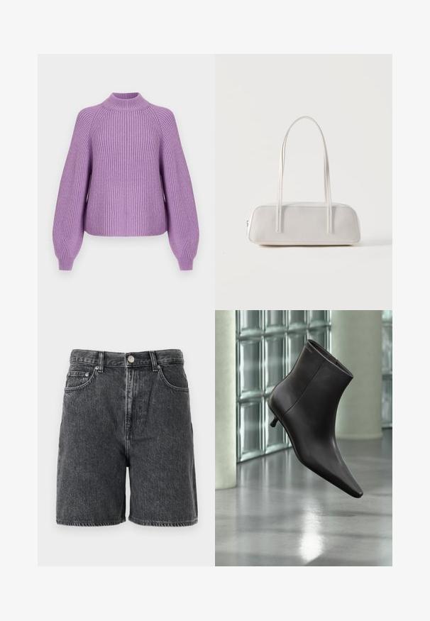 Lavendel ribbet striktrøje med høj hals, brede ærmer og en afslappet pasform. Den teksturerede stof giver visuel interesse og varme.; Sortvasket denim shorts med bæltestropper, frontknap, lynlås-lukning og klassisk fem-lomme design.; Sort læderankelstøvle med spids tå og lille hæl vist mod en væg af glasblokke og poleret gulv baggrund.; Hvid rektangulær skuldertaske med lange tynde stropper, minimal syning og lynlåslukning på en ensfarvet baggrund.