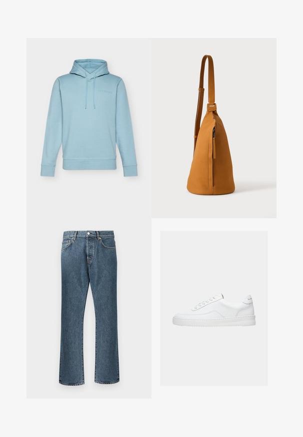 Hoodie bleu clair en mélange de coton doux, doté d'une poche kangourou, d'une capuche avec cordon de serrage et d'un logo brodé sur la poitrine.; Jean en denim bleu avec une coupe droite, dotés d'une fermeture classique à bouton et à glissière, de cinq poches et d’un léger délavage.; Baskets basses blanches avec un design à lacets, dessus en cuir lisse et semelle épaisse, montrées de profil sur un fond uni.; Sac besace en cuir couleur fauve avec sangle réglable et poche verticale zippée, présenté de profil sur un fond clair uni.