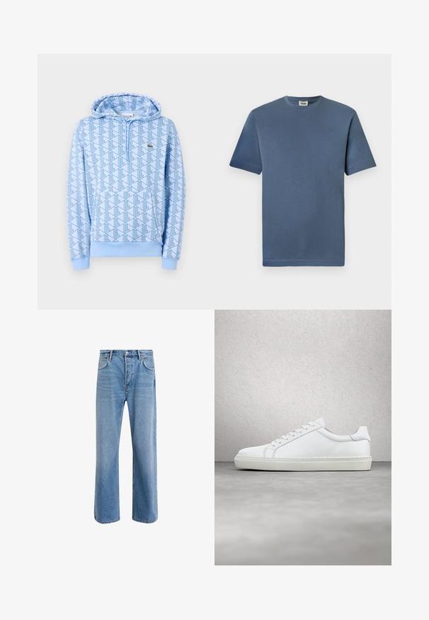 Hoodie bleu à motif géométrique, avec poche avant et capuche à cordon. Fabriqué en tissu doux avec des poignets et un ourlet côtelés.; T-shirt en coton bleu avec un col rond et des manches courtes. Présente une texture lisse et un ourlet droit. Pas de motifs ou graphiques visibles.; Jeans en denim bleu clair avec une coupe droite, cinq poches, fermeture à bouton, peu d'usure et des détails de couture contrastés.; Sneaker blanche avec une tige en cuir lisse et un profil bas. Présente un bout arrondi, six œillets et une semelle en caoutchouc texturé.