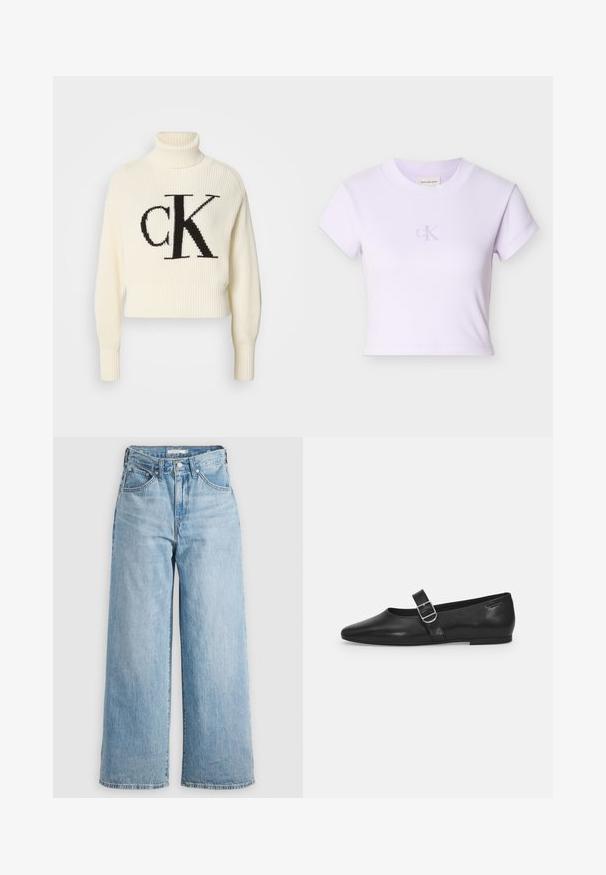 Cremefarvet ribstrikket turtleneck sweater med en cropped kant, der har et stort sort "CK" logo på forsiden. Blødt strikmateriale, lange ærmer.; Lyse lilla bomulds crop-top med korte ærmer, der har en subtil broderet 'CK' logo foran. Ribbet tekstur og rund hals.; Lys blå brede jeans med høj talje, lavet af denim stof. Har et klassisk fem-lomme design og metalhardware.; Sorte læder flade sko med rund tå, et enkelt justerbart spænde og en glat, blank overflade. Minimalistisk design med en lav hæl.