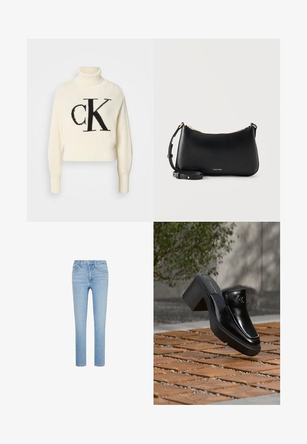 Pull à col roulé côtelé crème avec un ourlet court, arborant un grand logo "CK" noir sur le devant. Matière en tricot douce, manches longues.; Jean en denim bleu clair, coupe droite, style cinq poches, avec fermeture à bouton et fermeture éclair à l'avant, présentant un léger effet délavé et des détails de couture subtils.; Mule slip-on en cuir noir Calvin Klein avec talon bloc reposant sur des carreaux en bois à l'extérieur près d'une plante verte et d'un mur gris.; Sac à bandoulière en cuir noir Calvin Klein avec fermeture éclair dorée et sangle réglable sur fond clair uni.