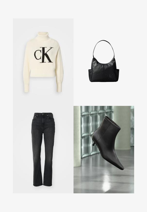 Cremefarvet ribstrikket turtleneck sweater med en cropped kant, der har et stort sort "CK" logo på forsiden. Blødt strikmateriale, lange ærmer.; Højtaljede sorte denim jeans med lige ben, fem-lomme design, frontlukning med knap og minimal syning.; Sort læderankelstøvle med spids tå og lille hæl vist mod en væg af glasblokke og poleret gulv baggrund.; Sort læder skuldertaske med en enkelt rem, sidelommer og et diskret prægede Calvin Klein-logo på forsiden nederst til højre.