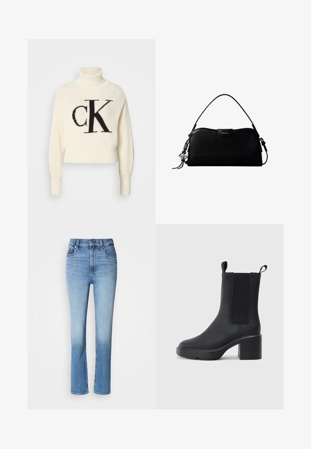Pull à col roulé côtelé crème avec un ourlet court, arborant un grand logo "CK" noir sur le devant. Matière en tricot douce, manches longues.; Jean en denim bleu avec taille haute, coupe droite, dégradé de couleur usé et style cinq poches. Fermeture à bouton en métal et zip.; Bottines noires avec un matériau en caoutchouc lisse, des panneaux latéraux élastiques, un talon carré et des tirettes en haut pour un enfilage facile.; Sac à main rectangulaire noir Calvin Klein avec une seule sangle supérieure, un charm logo argenté et une petite fermeture à rabat sur le devant.