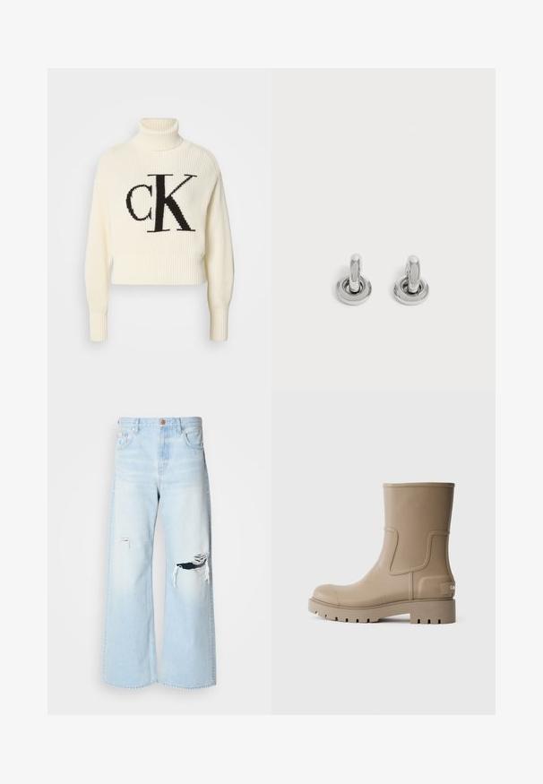 Pull à col roulé côtelé crème avec un ourlet court, arborant un grand logo "CK" noir sur le devant. Matière en tricot douce, manches longues.; Jean large bleu clair en denim, avec une taille haute, de grandes déchirures au niveau des genoux, et un design classique à cinq poches avec des accessoires en cuivre.; Bottes de cheville en caoutchouc beige avec une finition lisse, bout rond et semelle texturée. Présentent un panneau latéral et un détail de logo sur le talon.; Paire de petites boucles d'oreilles créoles argentées brillantes avec une base ronde, présentées sur un fond clair uni.
